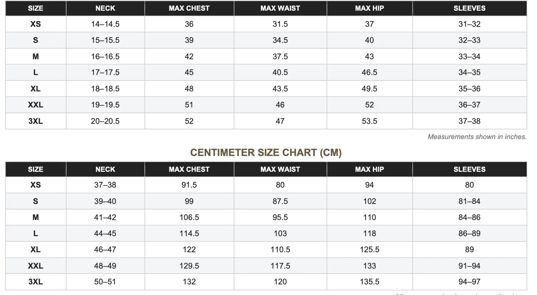Shirt standard size chart in inches and centimeters